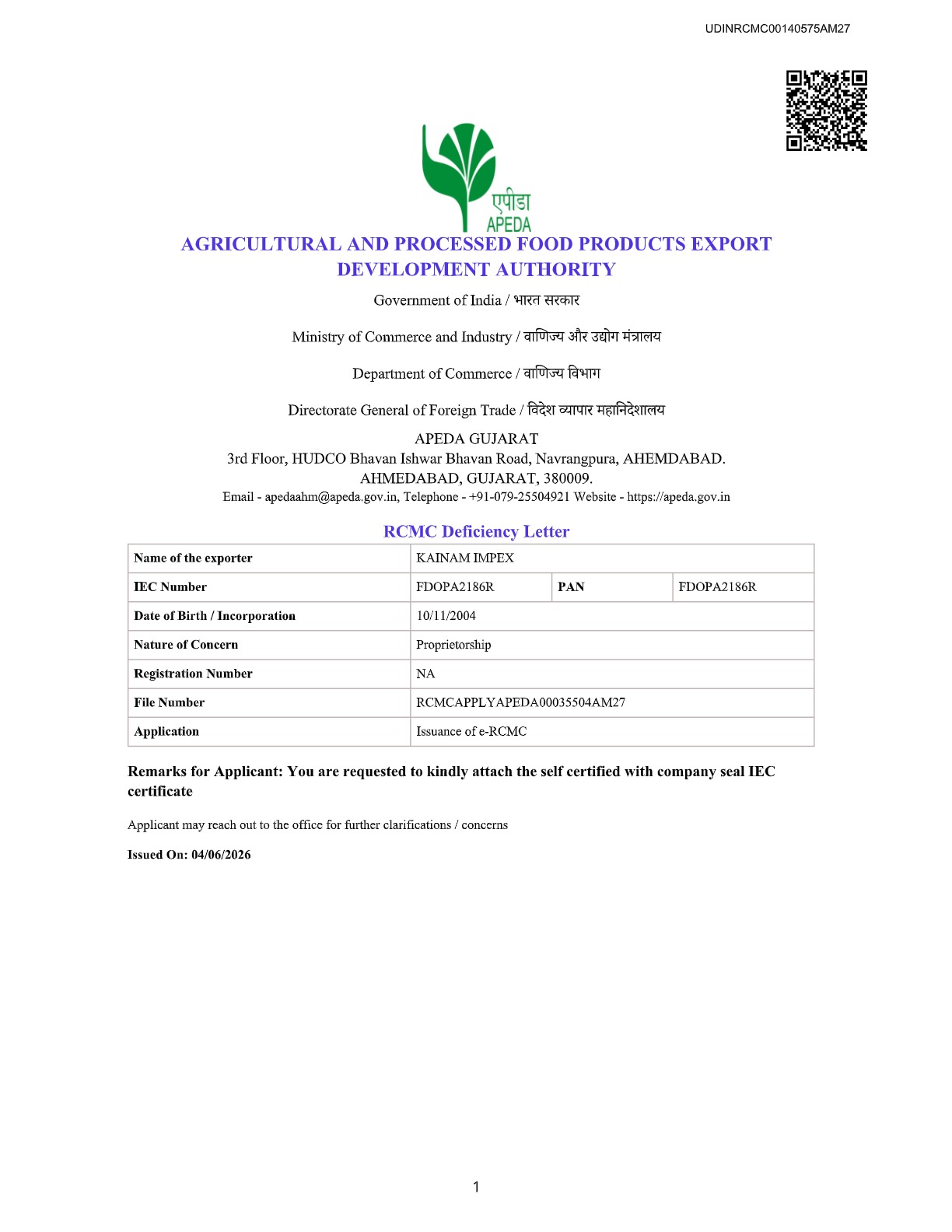Kainam Impex – APEDA Membership & Certification certificate preview